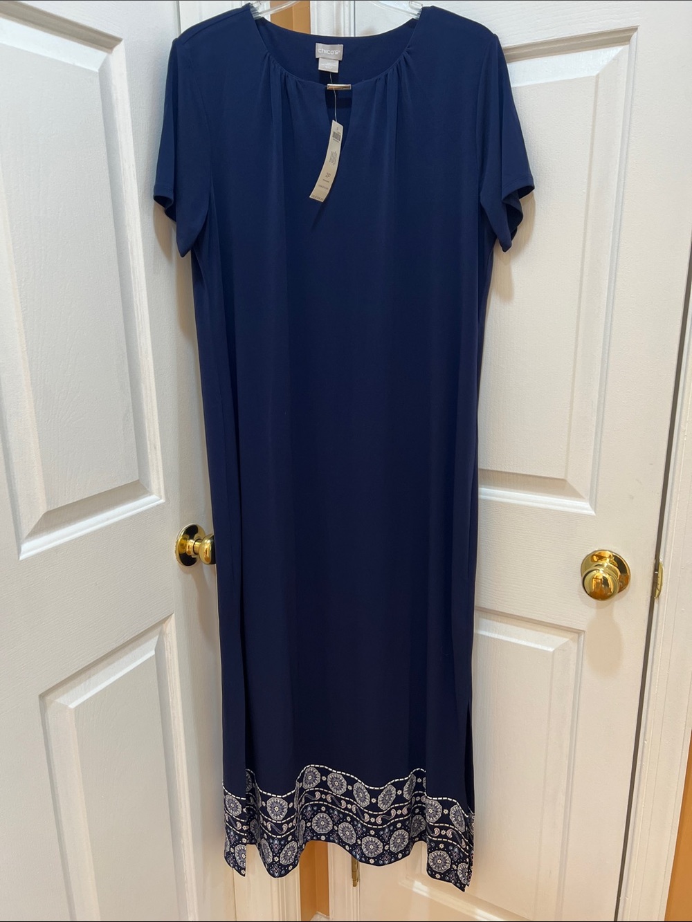 Chico's navy short-sleeve maxi dress with patterned hem